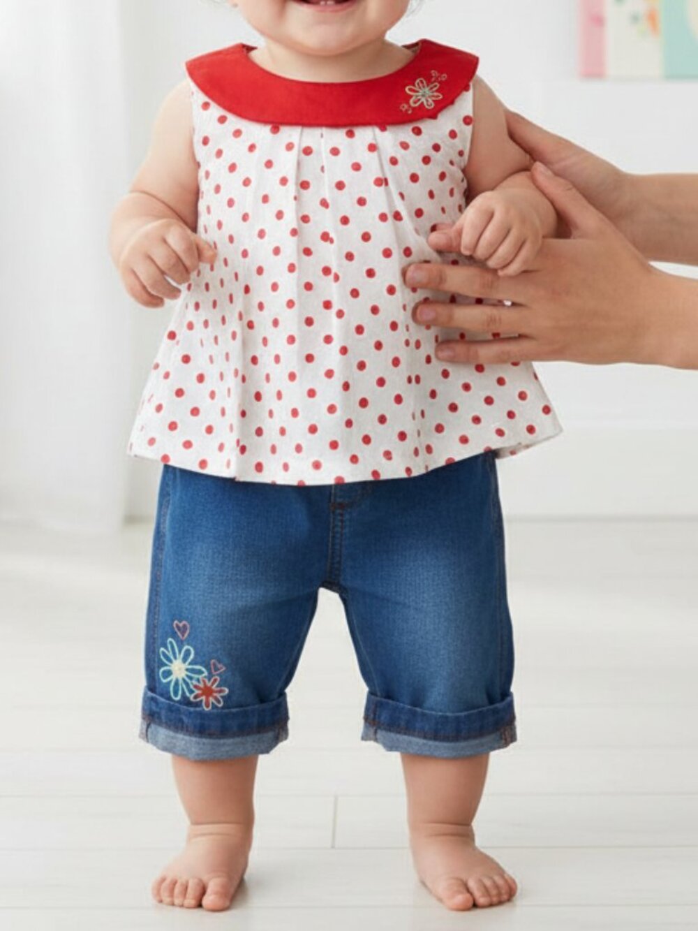 NWT 2pcs Adorable Girls’ Polka Dot Top and Denim Jeans Set – Size 12m